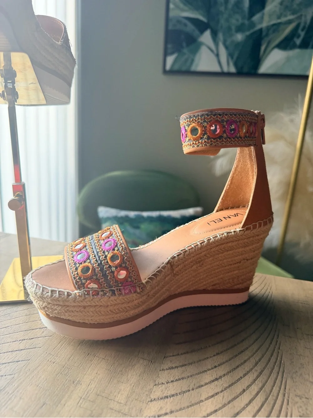 Van Eli Embellished Espadrille Wedge Sandals Ankle Strap Size 6.5M